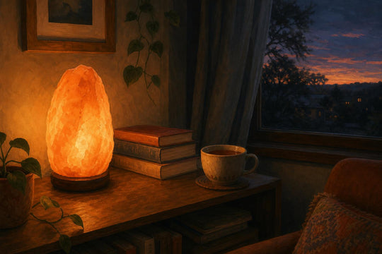 A Himalayan salt lamp glowing on a shelf beside books and a cup of tea in a quietly lit room at dusk