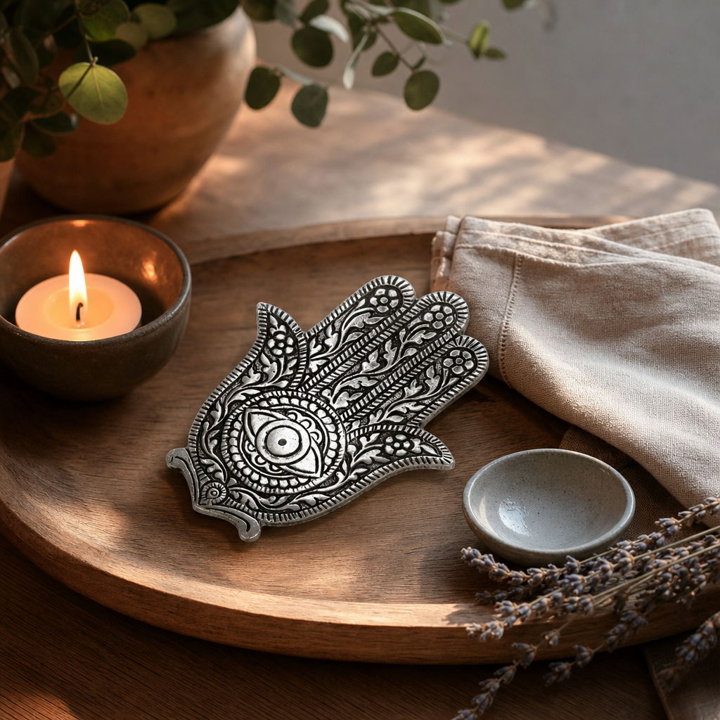 Polished Aluminium Hamsa Incense Holder 14cm — styled in a warm, naturally lit interior