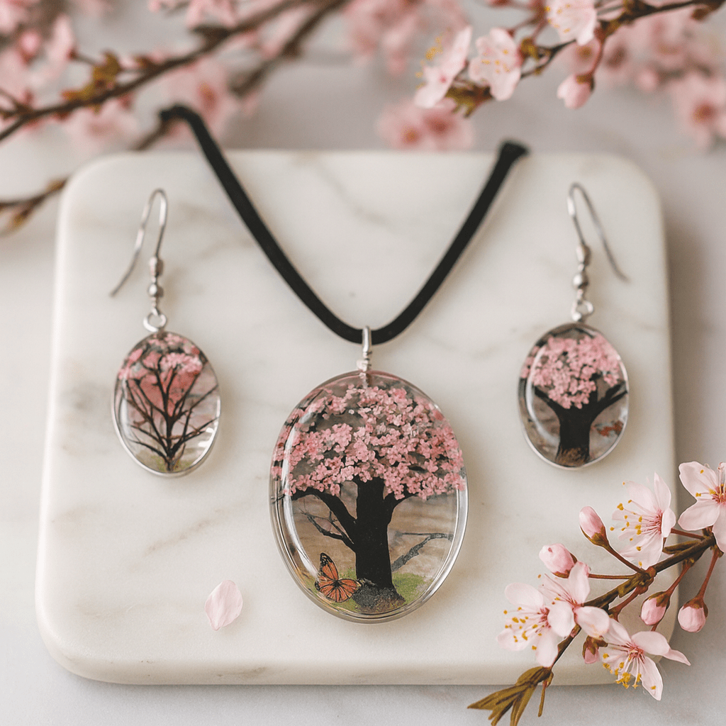 Pressed Flower Jewelry 2 - Piece Tree Of Life Pink - SHAMTAM.COM