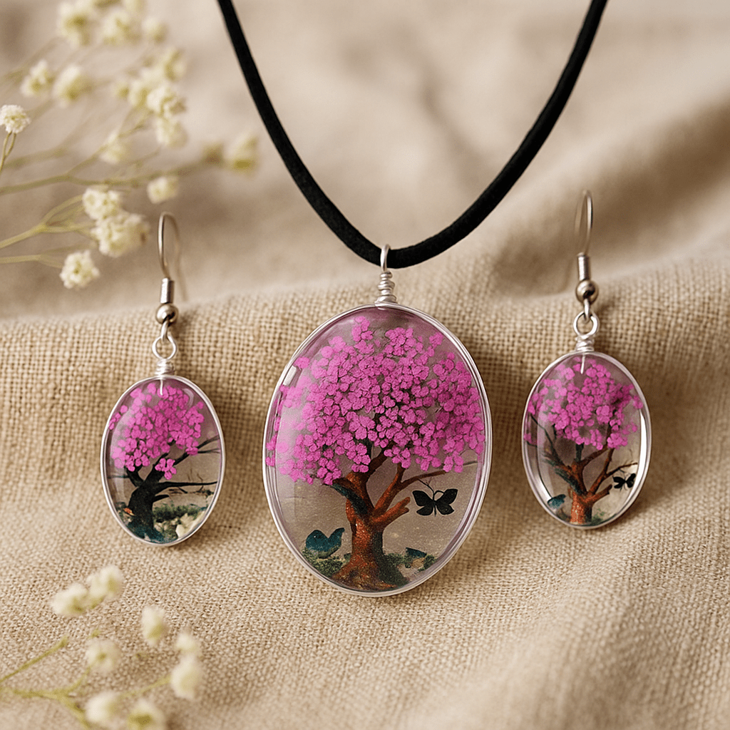 Pressed Flower Necklace Earrings 2 - Piece, Tree of Life - SHAMTAM.COM