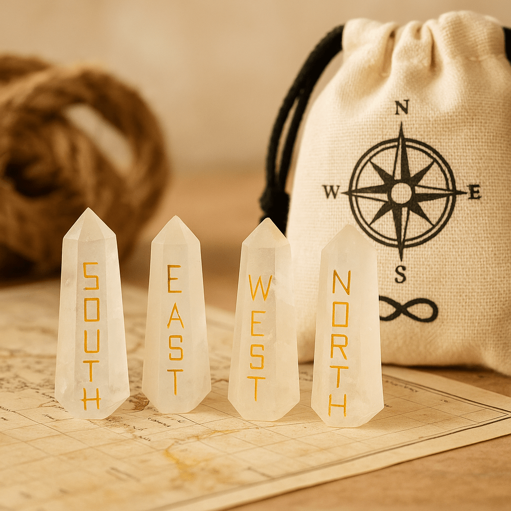 Quartz Crystal Points Engraved Compass Set of 4 - SHAMTAM.COM