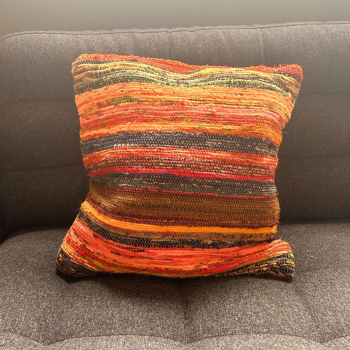 Vibrant Sunrise Oranges Rag Rug Cushion Cover - Colorful Striped Decorative Pillow for Eclectic Home Decor - SHAMTAM.COM