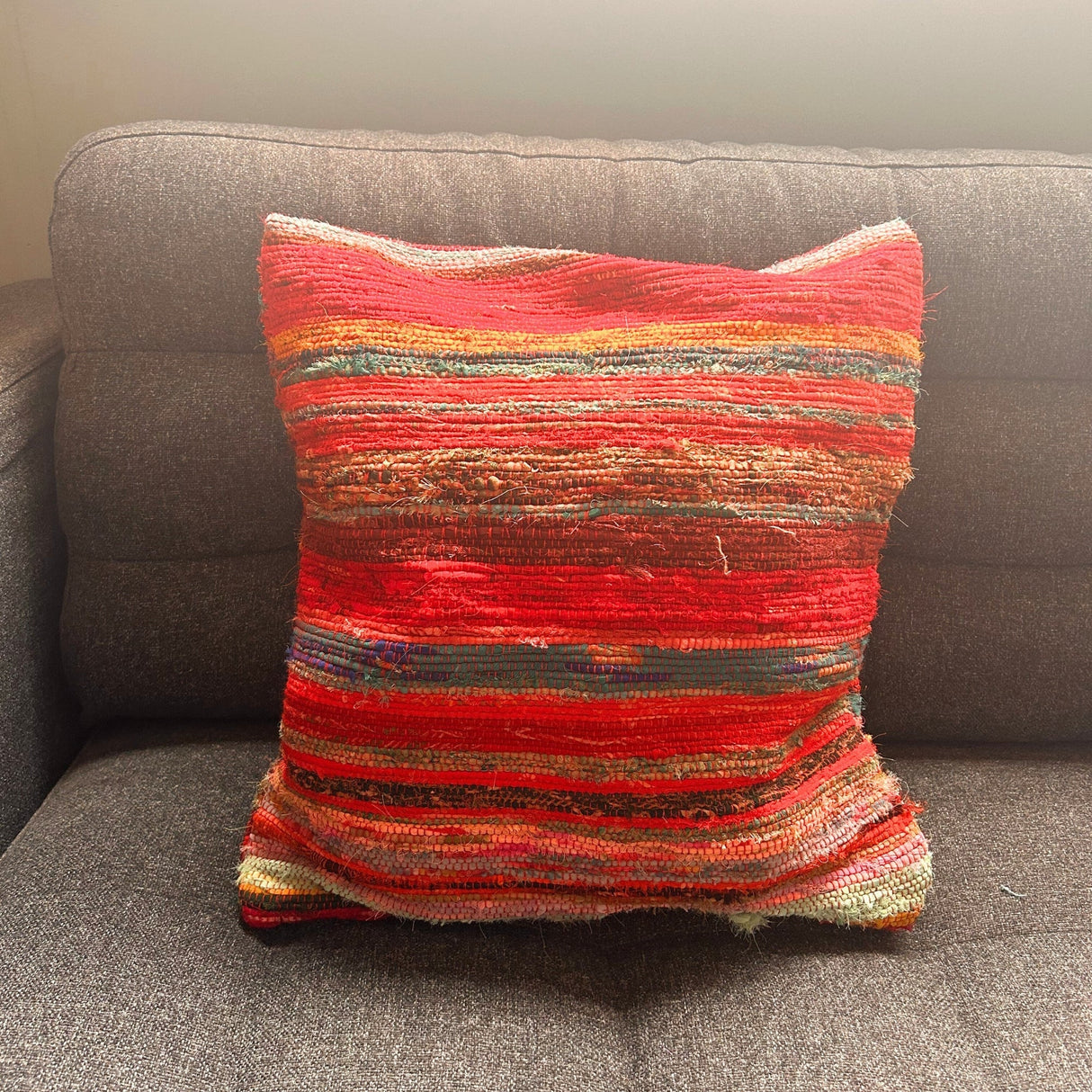 Handcrafted Rag Rug Cushion Covers in Vibrant Rich Reds - Rustic Multicolored Decorative Pillows for Home Decor - SHAMTAM.COM