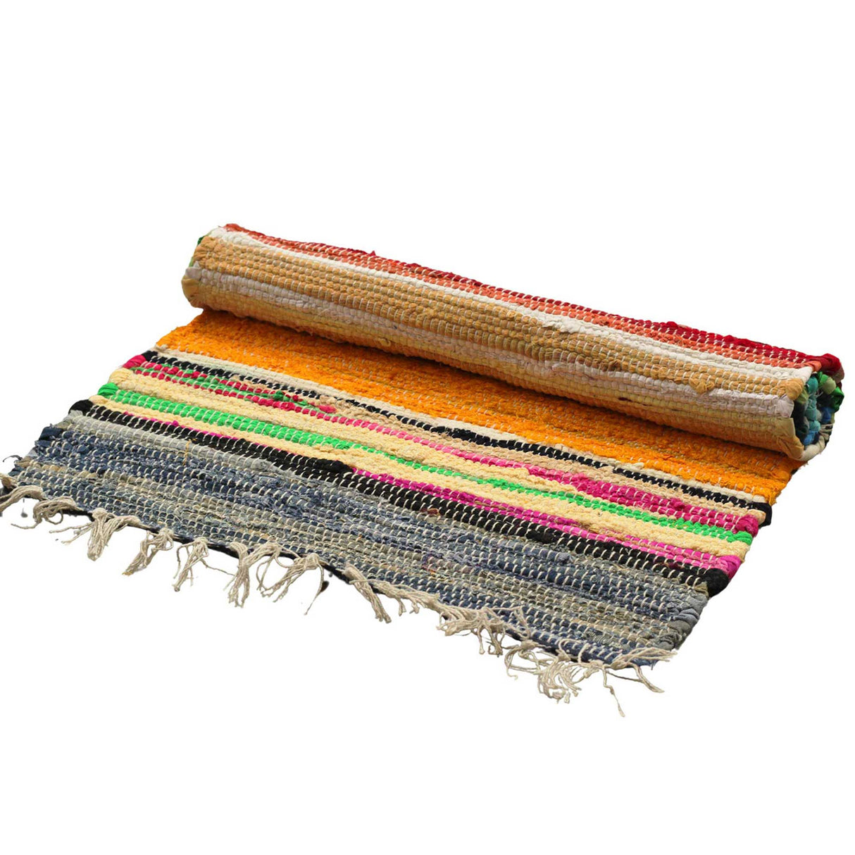 Colorful woven rug with fringe on a white background