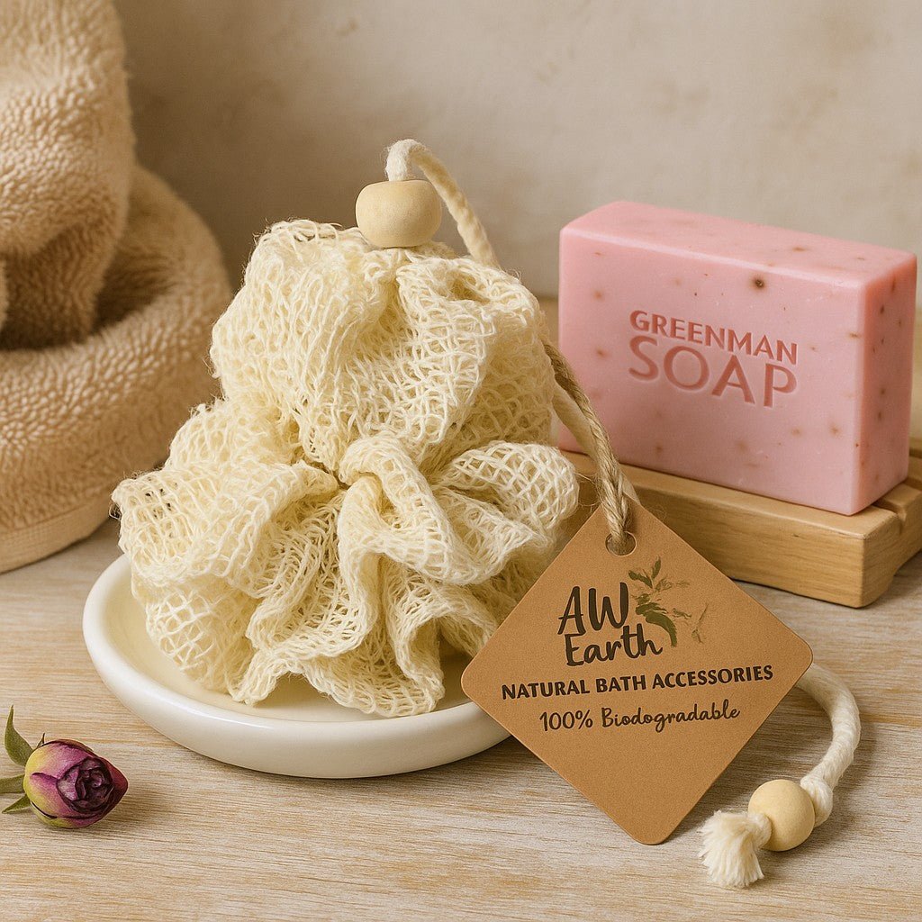 Natural bath accessories including a loofah and soap on a wooden surface with a 'Greenman Soap' bar.