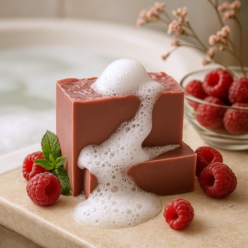 Red soap bar with foam surrounded by raspberries on a neutral background