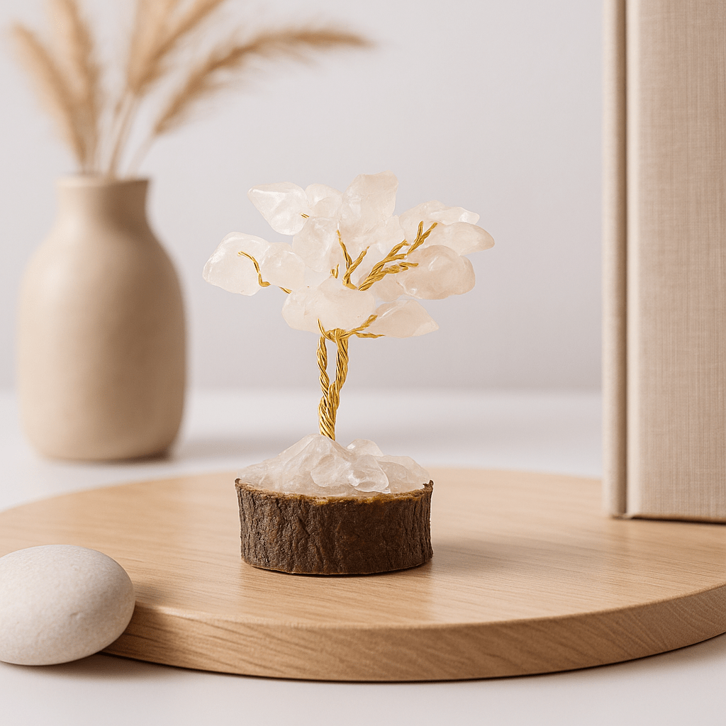 Rock Quartz Gemstone Tree Wood Base, 15 Gemstones - SHAMTAM.COM