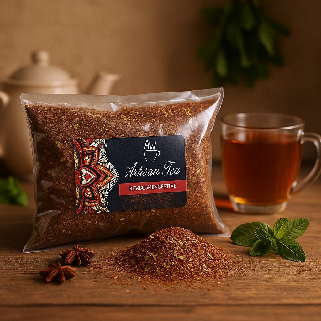 Artisan Tea package with a cup of tea and tea leaves on a wooden surface