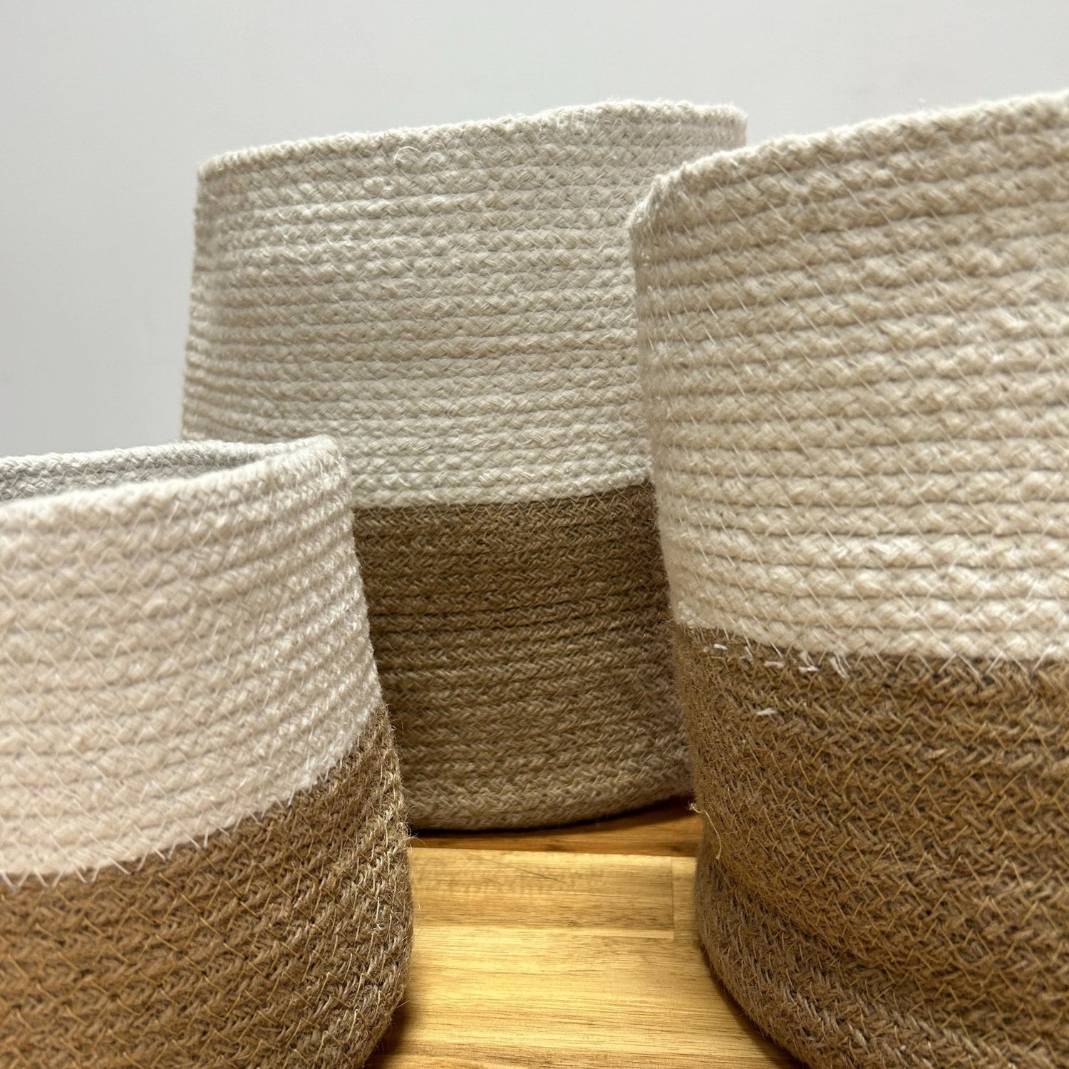 Set of 3 Indian Cotton & Jute Rope Storage Baskets - Two - Tone White & Natural Brown Design by Ancient Wisdom - SHAMTAM.COM