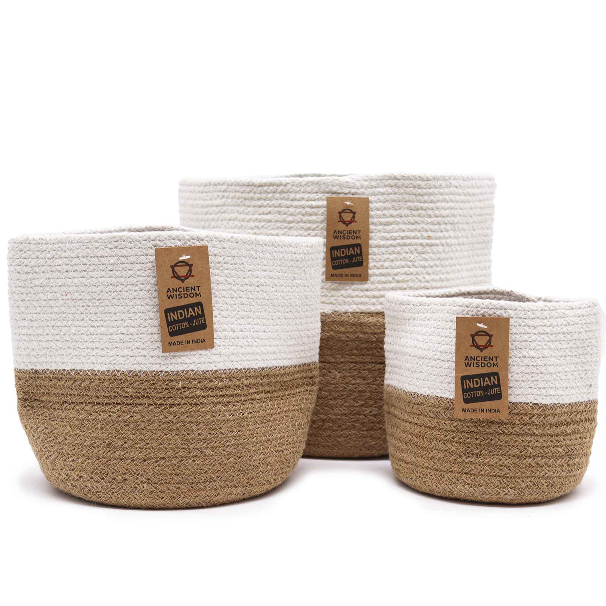 Set of 3 Indian Cotton & Jute Rope Storage Baskets - Two - Tone White & Natural Brown Design by Ancient Wisdom - SHAMTAM.COM