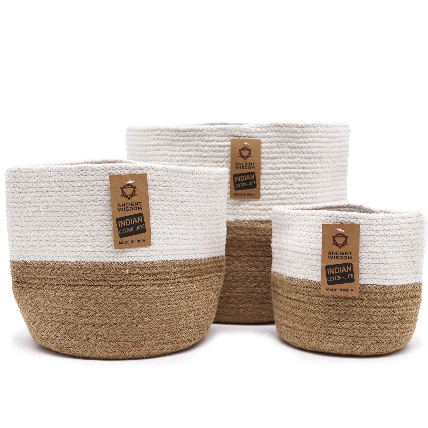 Set of 3 Indian Cotton & Jute Rope Storage Baskets - Two - Tone White & Natural Brown Design by Ancient Wisdom - SHAMTAM.COM