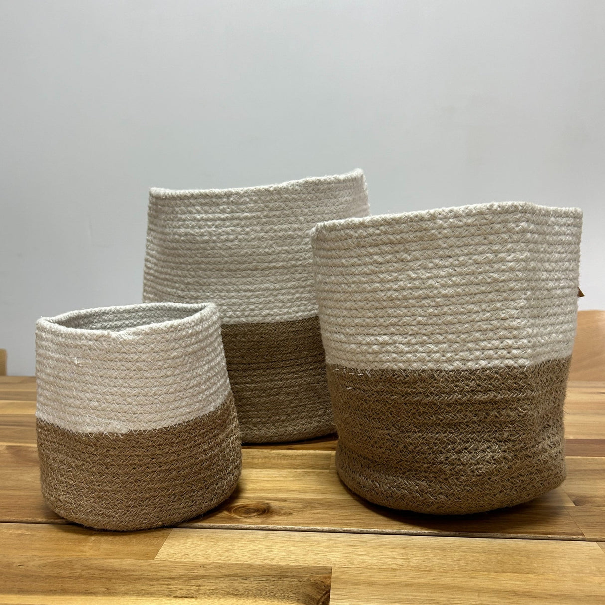 Set of 3 Indian Cotton & Jute Rope Storage Baskets - Two - Tone White & Natural Brown Design by Ancient Wisdom - SHAMTAM.COM