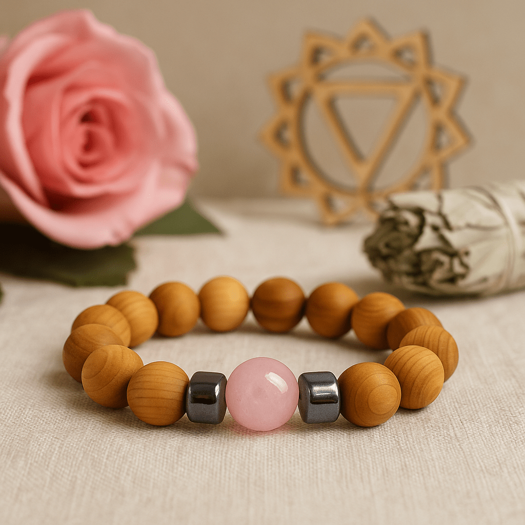 Rose Quartz Bangle with Cedarwood Heart Chakra - SHAMTAM.COM
