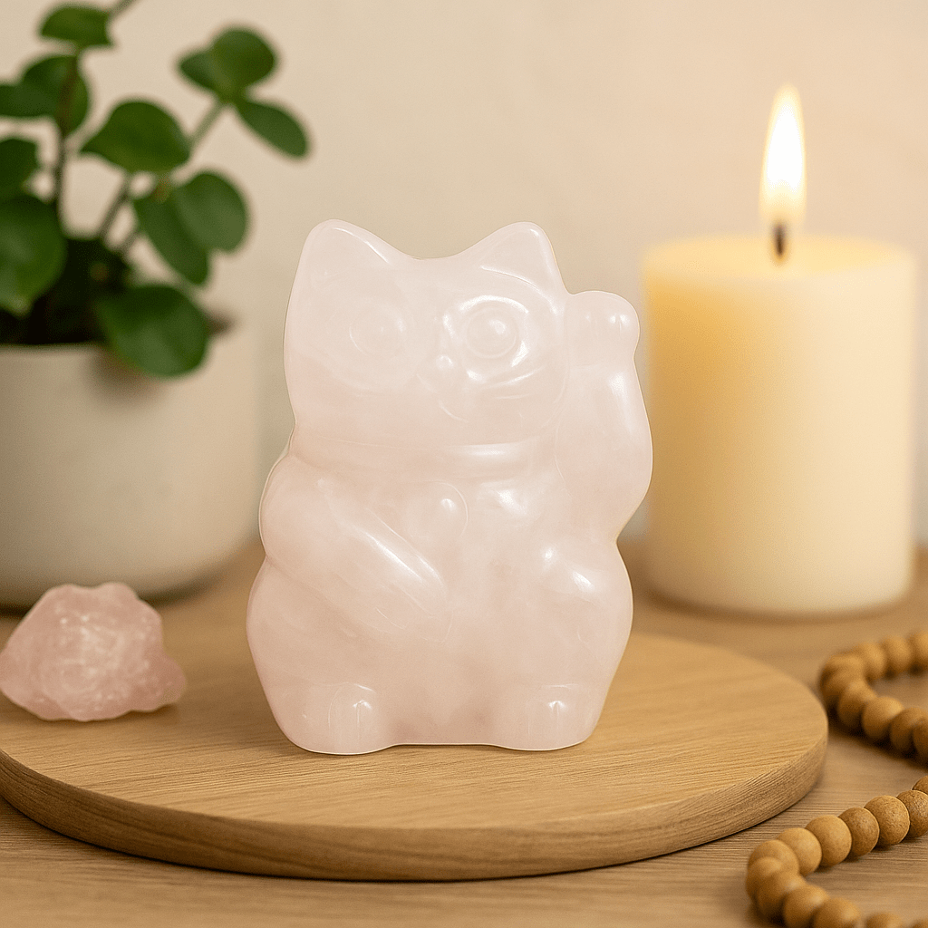 Rose Quartz Lucky Cat Figurine 50x35x25mm - SHAMTAM.COM