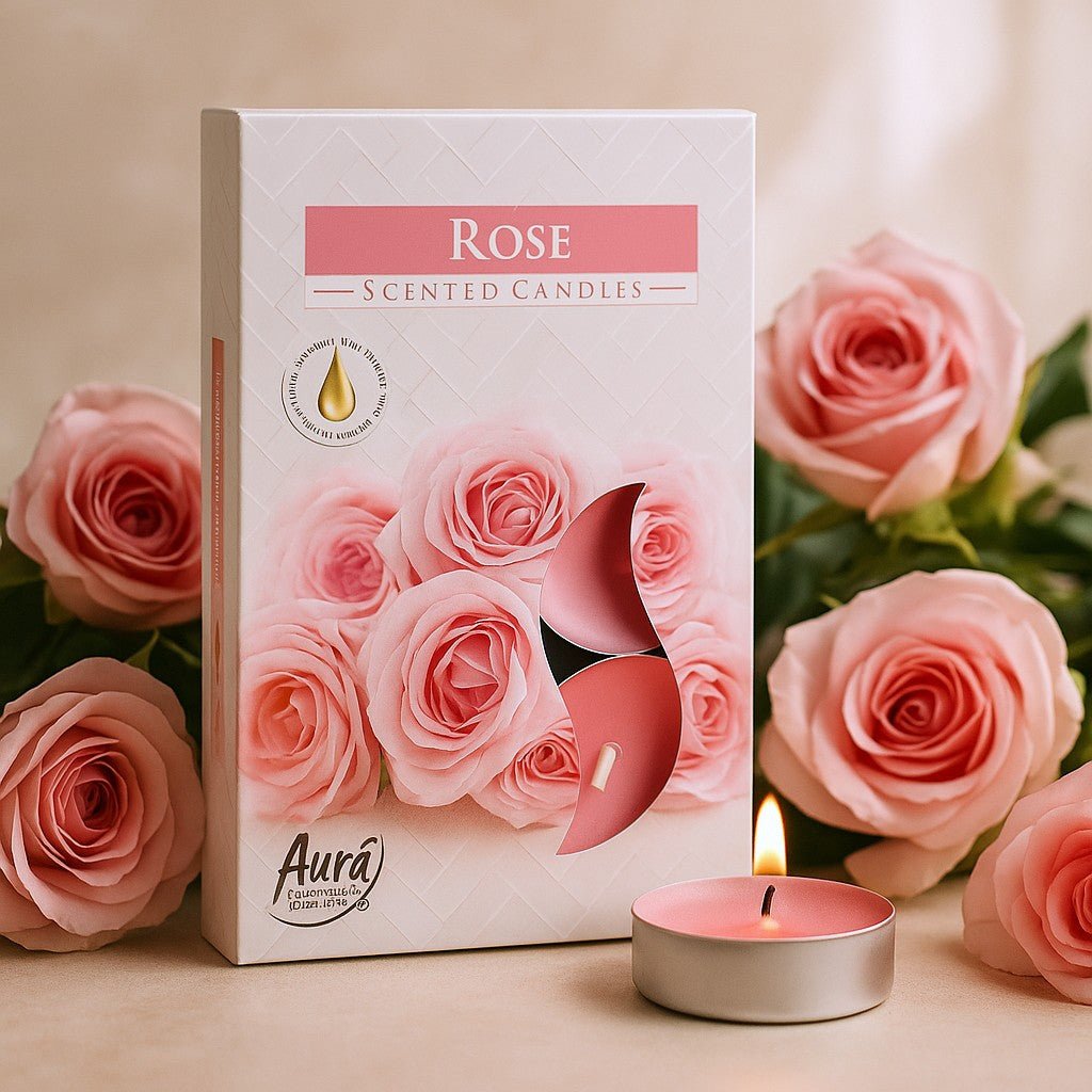 Aura Rose scented candles packaging with a lit candle in front, surrounded by pink roses.