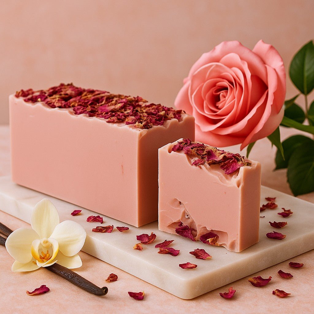 Pink soap bars with rose petals on a marble slab with a pink rose and vanilla bean.