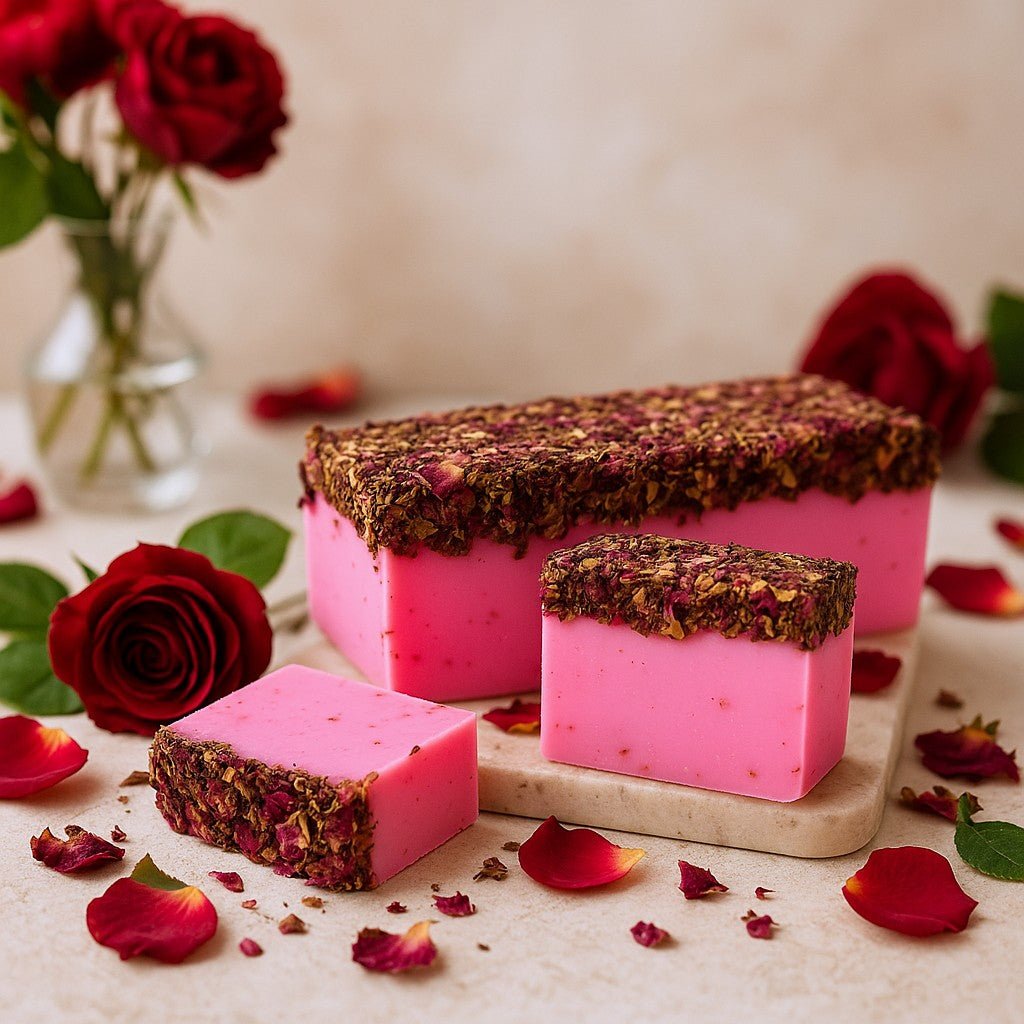 Pink soap bars with a textured top on a marble surface with red roses and petals.