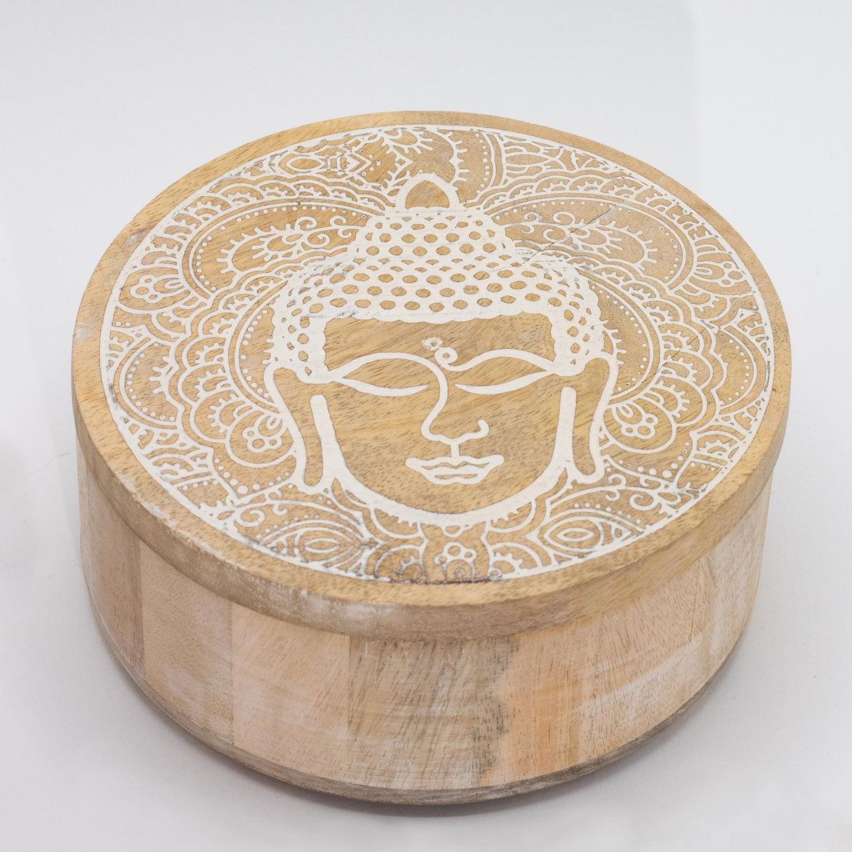Big Round Box 17.5x7.5cm - Buddha Face Whitewash - SHAMTAM.COM