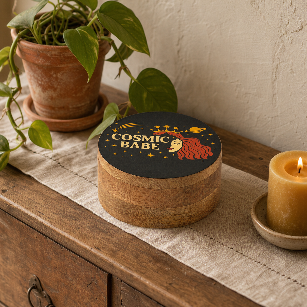 Round Enamelled Box - Cosmic Babe — styled in a warm, naturally lit interior