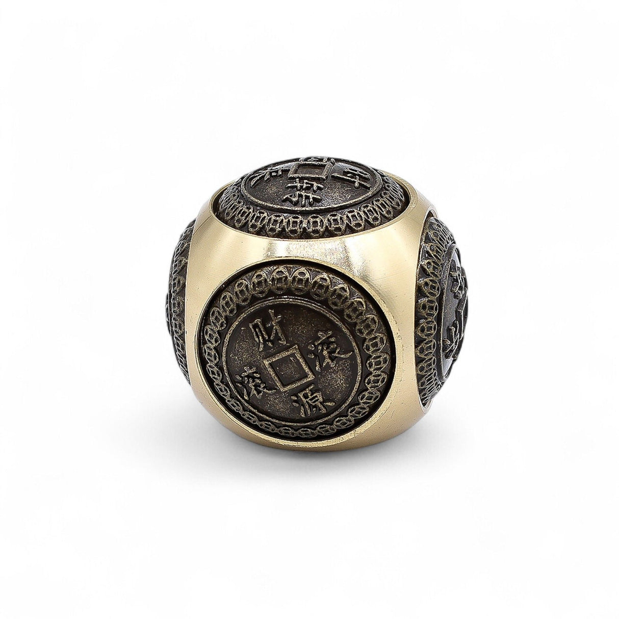 Rounded Brushed Brass Feng Shui Prosperity Coin Dice - SHAMTAM.COM