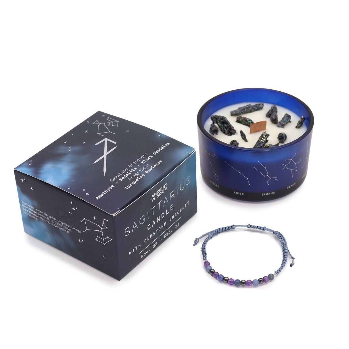 Sagittarius Zodiac Crystal Candle and Gemstone Bracelet Set - Celestial Astrology Gift with Amethyst, Sodalite, and Black Obsidian - SHAMTAM.COM