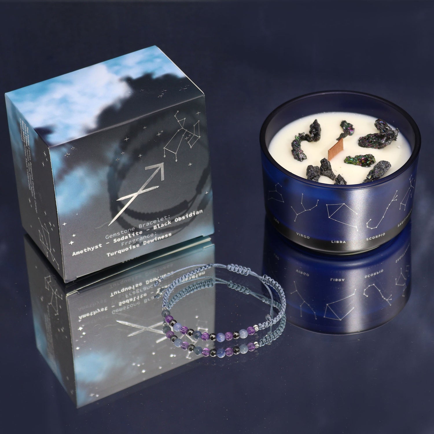 Sagittarius Zodiac Crystal Candle and Gemstone Bracelet Set - Celestial Astrology Gift with Amethyst, Sodalite, and Black Obsidian - SHAMTAM.COM
