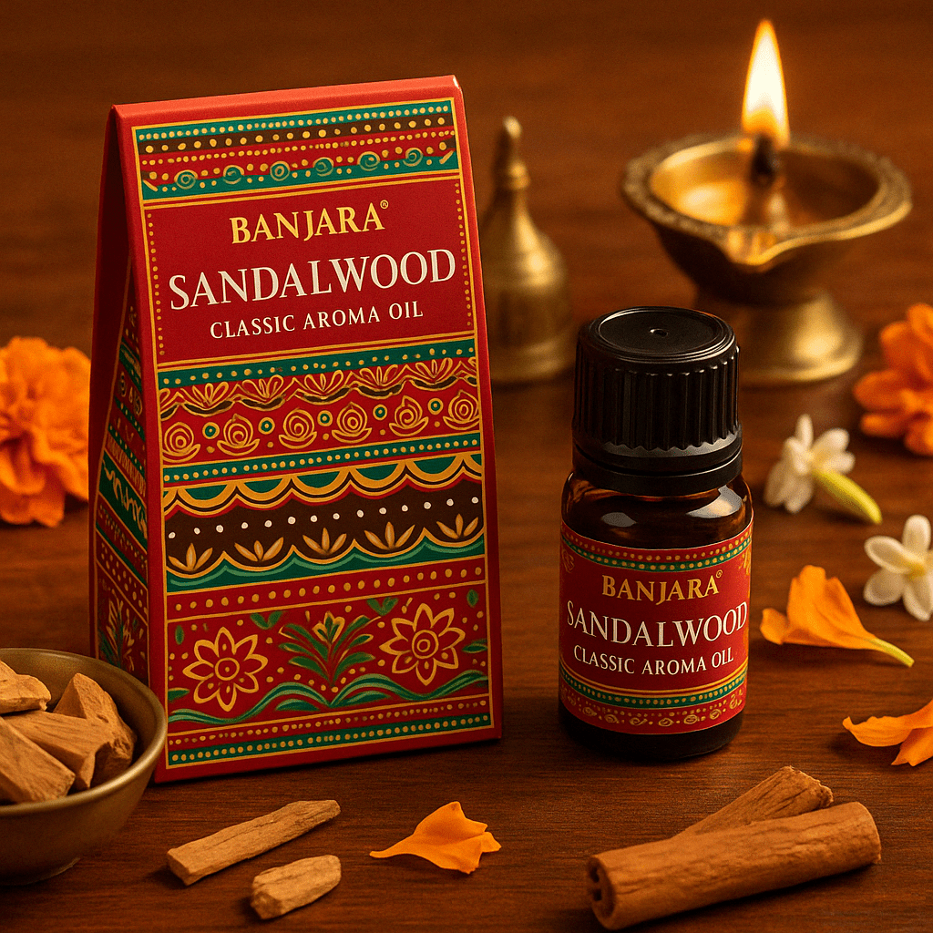 Banjara Sandalwood Classic Aroma Oil 10ml - Premium Indian Fragrance with Intricate Decorative Packaging - SHAMTAM.COM