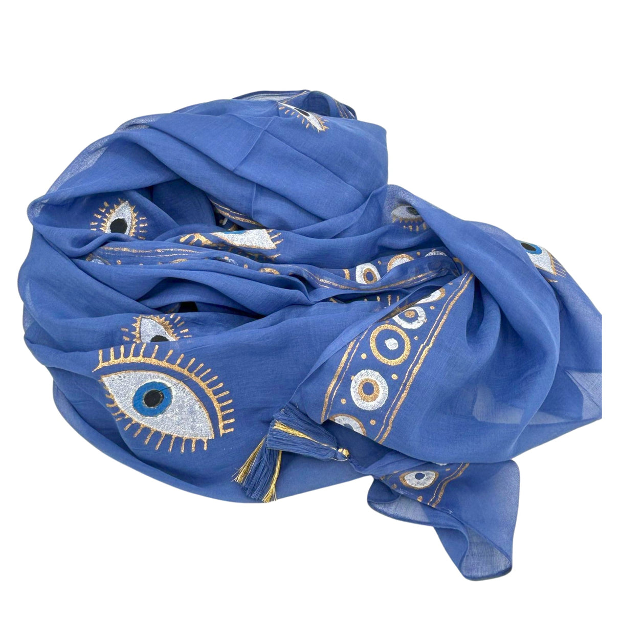 Nomad Sari On the Med Collection - Pario - Rich Blue & Gold Hand Painted Evil Eye Design - SHAMTAM.COM