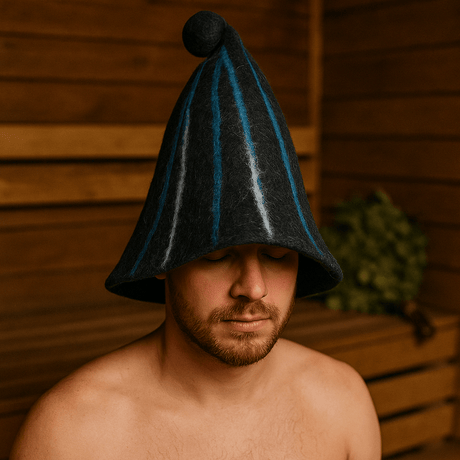 Felted Sauna Wizard Hat - Black Blue Streaks - SHAMTAM.COM