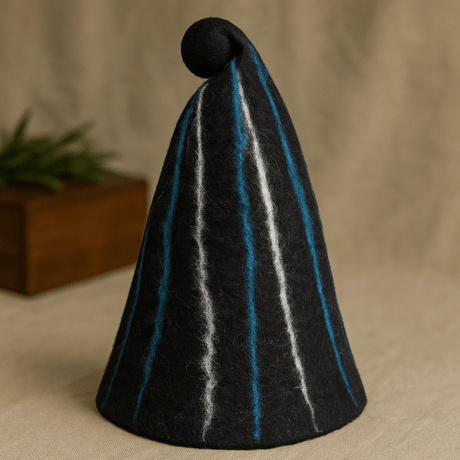 Felted Sauna Wizard Hat - Black Blue Streaks