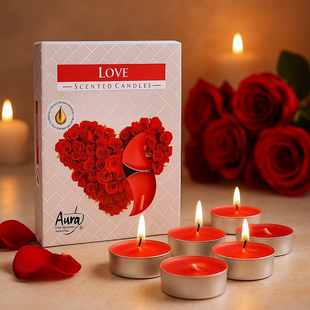 Aura Love scented candles with a box and red roses in the background