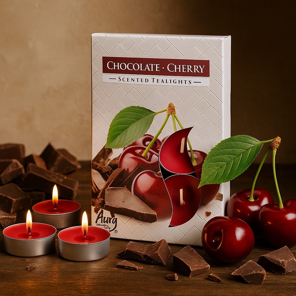 Chocolate cherry scented tealights with packaging and cherries on a wooden surface