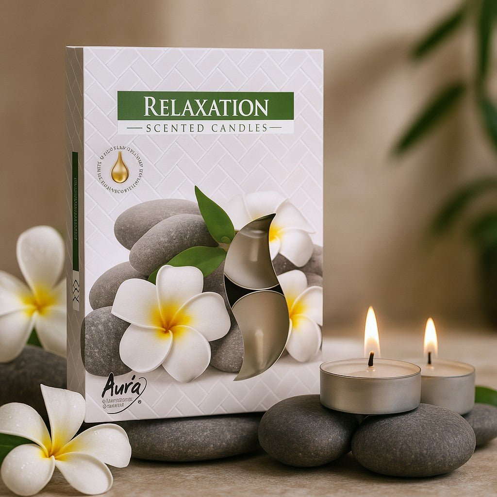 Aura Relaxation scented candles packaging with candles and flowers on a neutral background