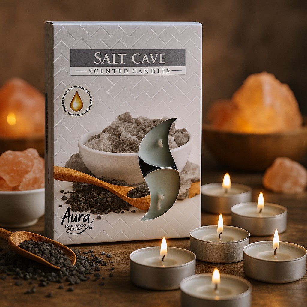 Salt Cave scented candles packaging with lit candles on a wooden surface