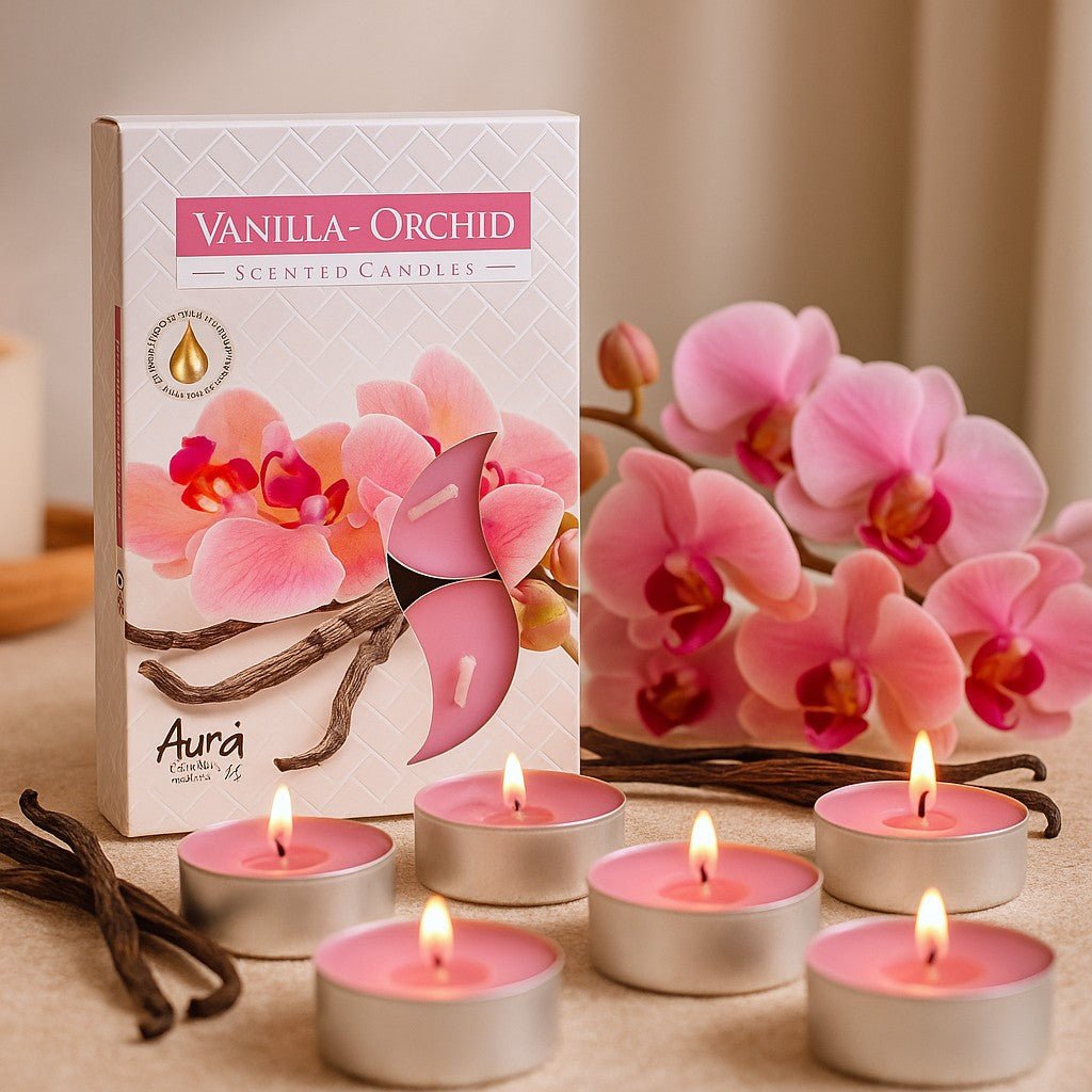 Vanilla Orchid scented candles with packaging and pink orchids on a neutral background