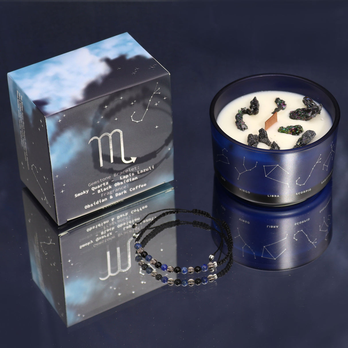 Scorpio Zodiac Crystal Candle & Gemstone Bracelet Set - Obsidian Dark Coffee Scent with Smoky Quartz, Lapis Lazuli, and Black Obsidian - SHAMTAM.COM