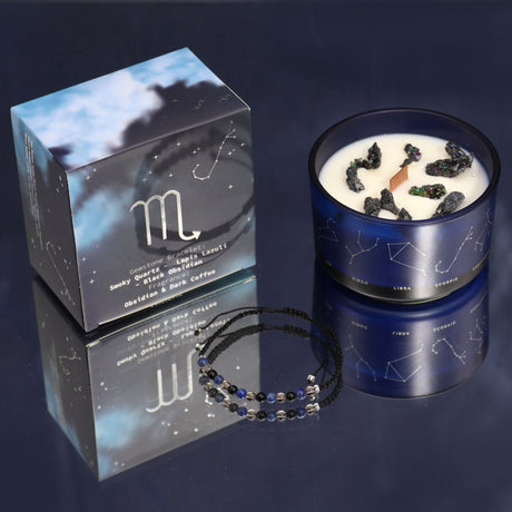 Scorpio Zodiac Crystal Candle & Gemstone Bracelet Set - Obsidian Dark Coffee Scent with Smoky Quartz, Lapis Lazuli, and Black Obsidian - SHAMTAM.COM