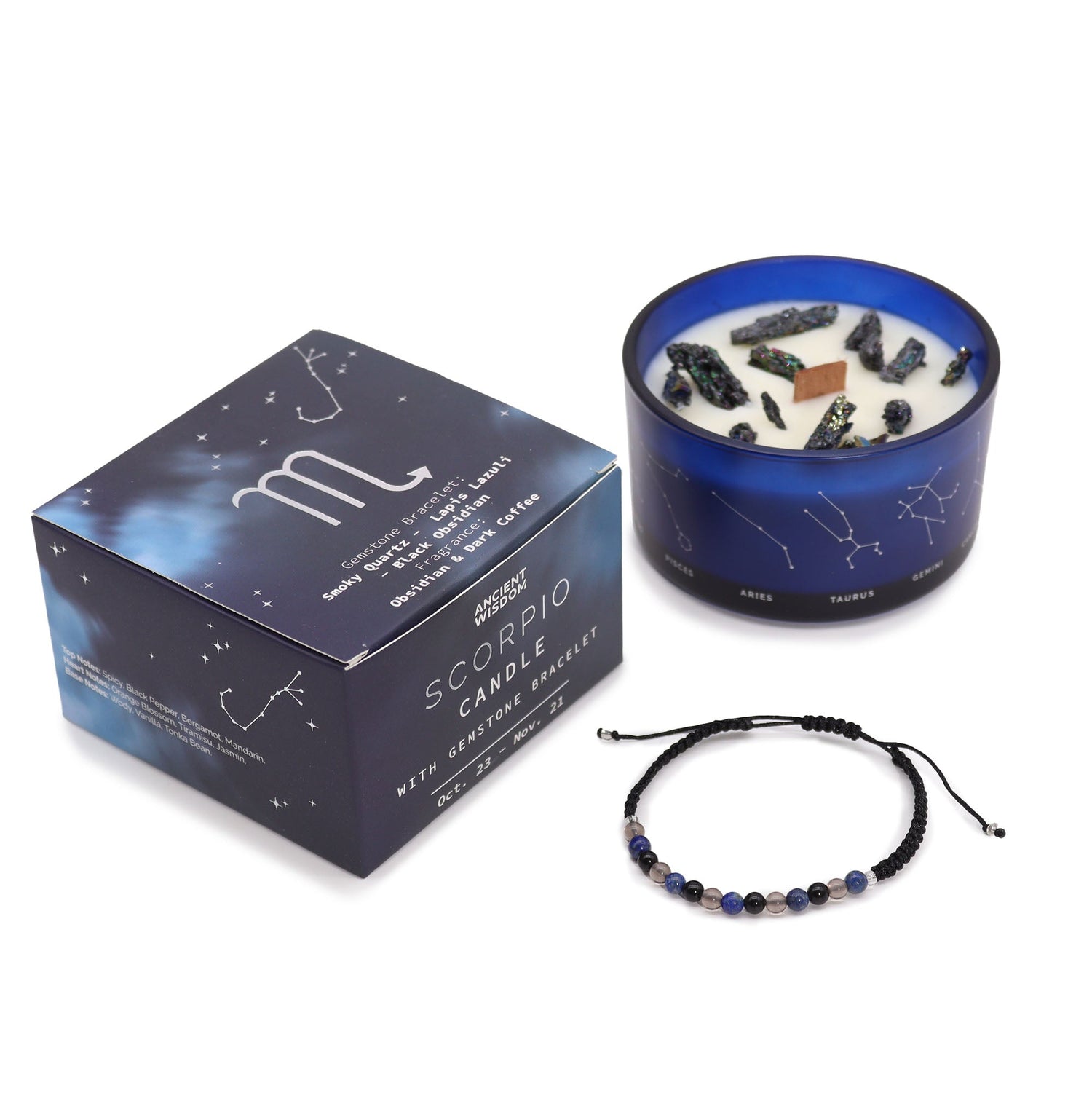 Scorpio Zodiac Crystal Candle & Gemstone Bracelet Set - Obsidian Dark Coffee Scent with Smoky Quartz, Lapis Lazuli, and Black Obsidian - SHAMTAM.COM