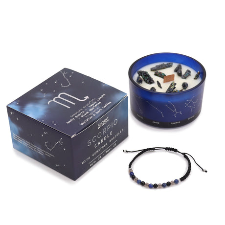 Scorpio Zodiac Crystal Candle & Gemstone Bracelet Set - Obsidian Dark Coffee Scent with Smoky Quartz, Lapis Lazuli, and Black Obsidian - SHAMTAM.COM