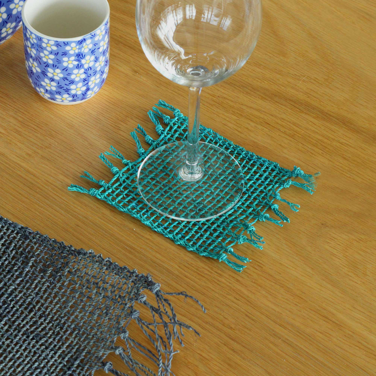 Set of 4 Seagrass Fringe Natural Coasters - Turquoise - SHAMTAM.COM