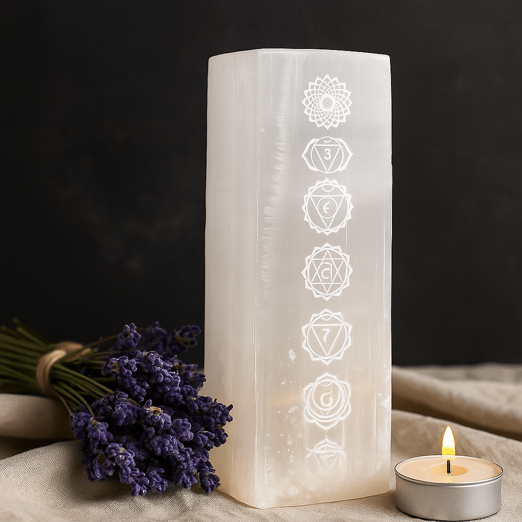 Selenite Chakra Block Lamp 25cm - SHAMTAM.COM