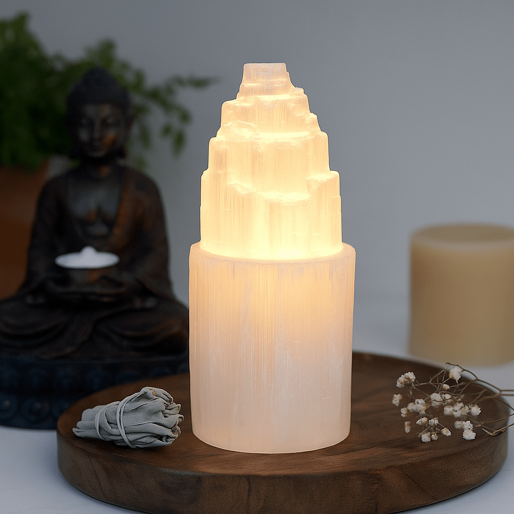 Selenite Tower Lamp 20 cm - SHAMTAM.COM