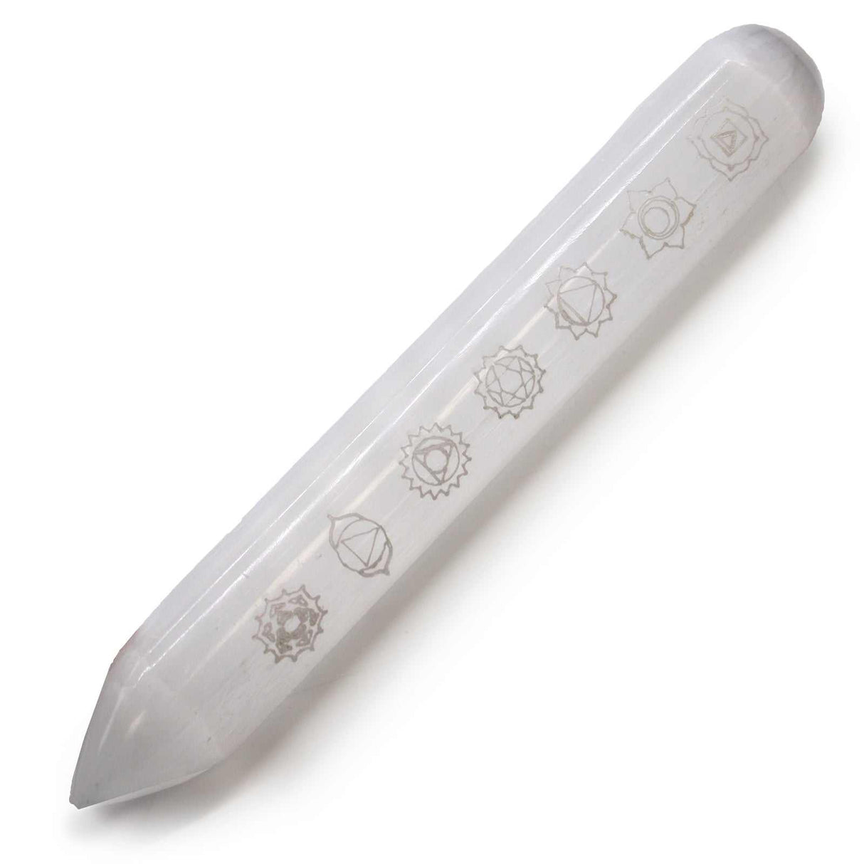 16 cm clear Selenite wand with one pointed end and engraved seven chakra symbols for energy healing and meditation