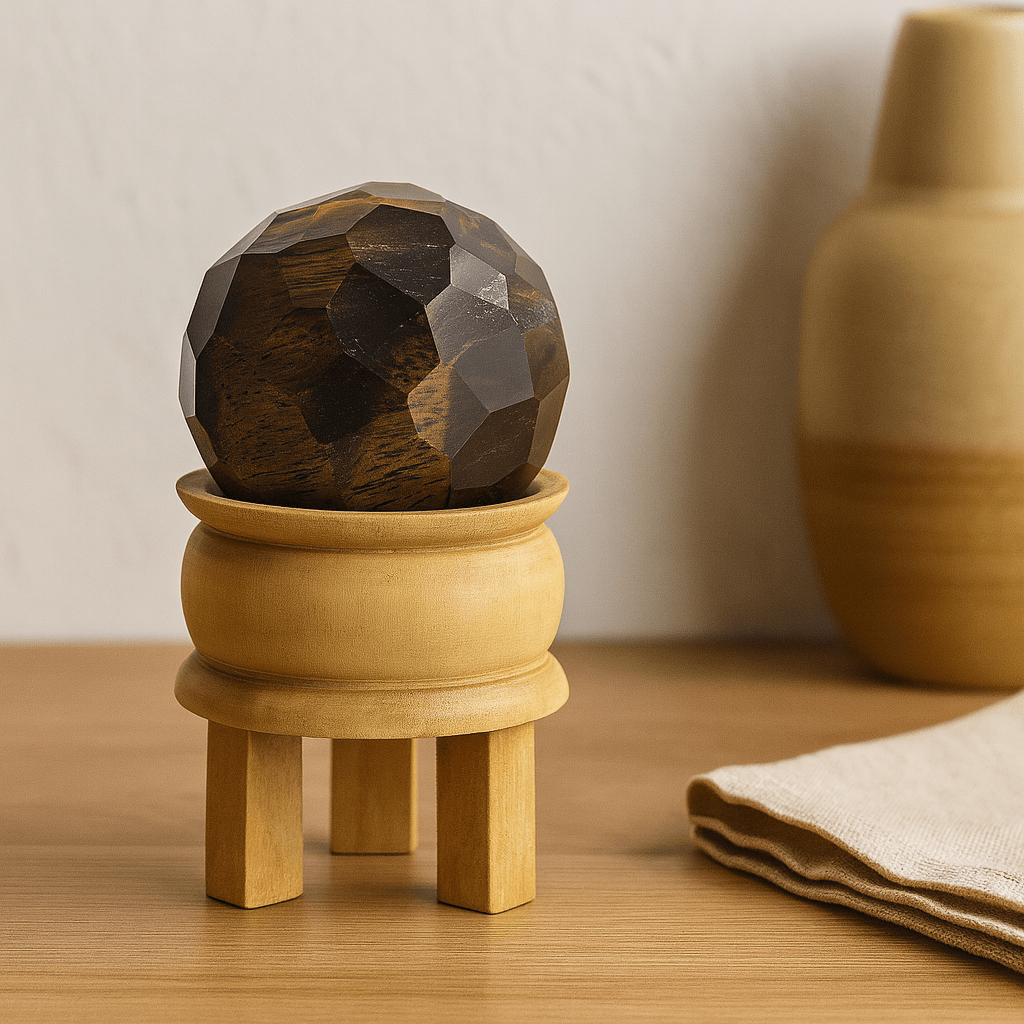 Seven Chakra Faceted Crystal Sphere With Wooden Stand - SHAMTAM.COM