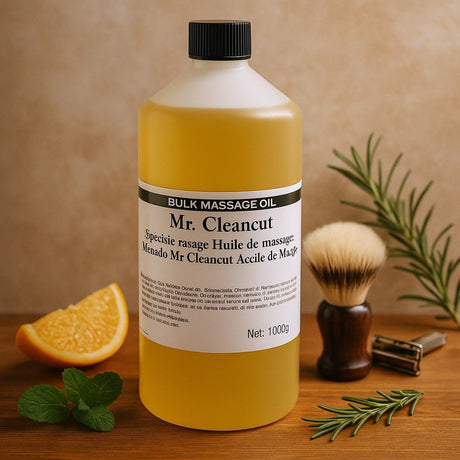 Bottle of Mr. Cleancut massage oil with a brush and orange on a wooden surface