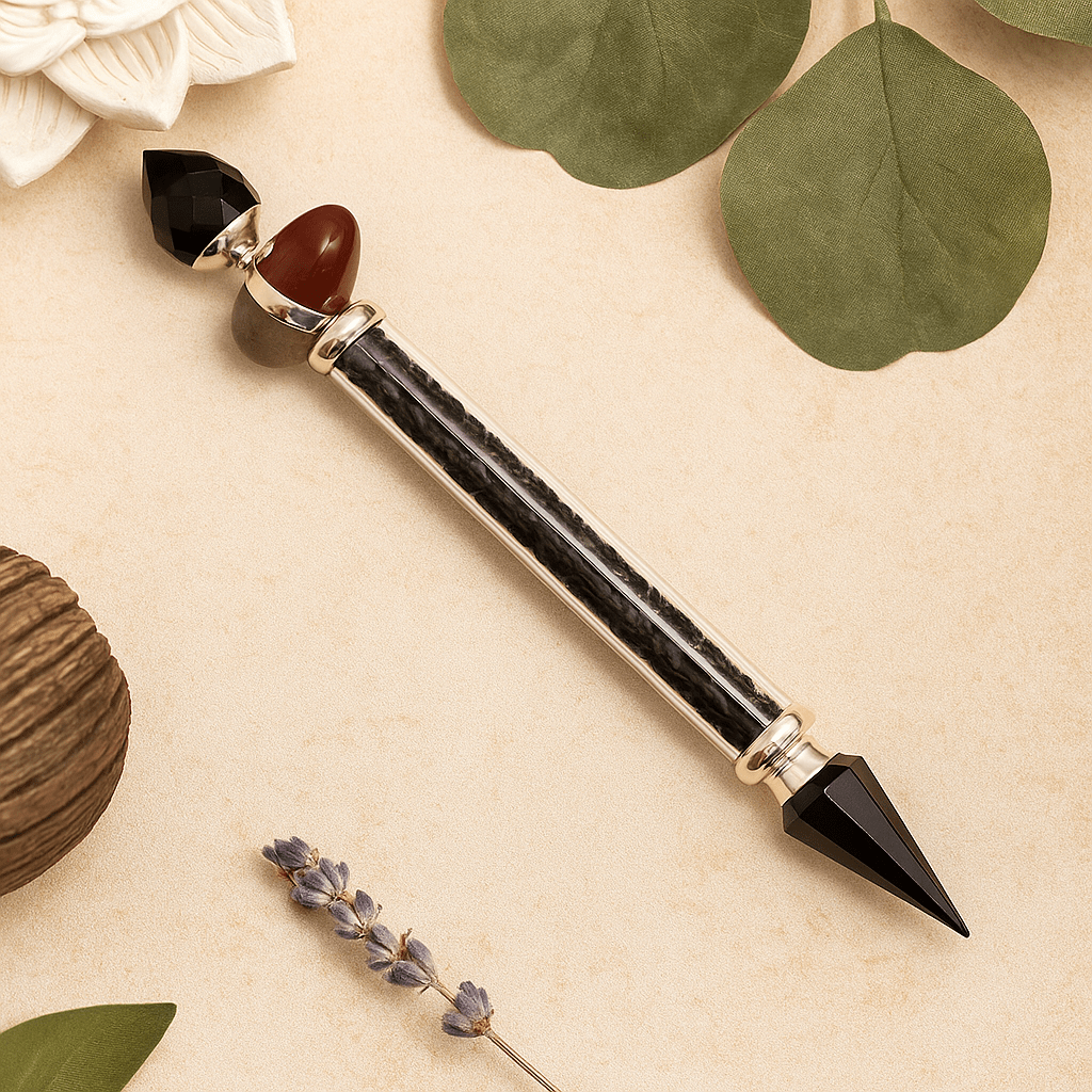 Shiva Lingam Crystal Wand Black Tourmaline and Agate - SHAMTAM.COM