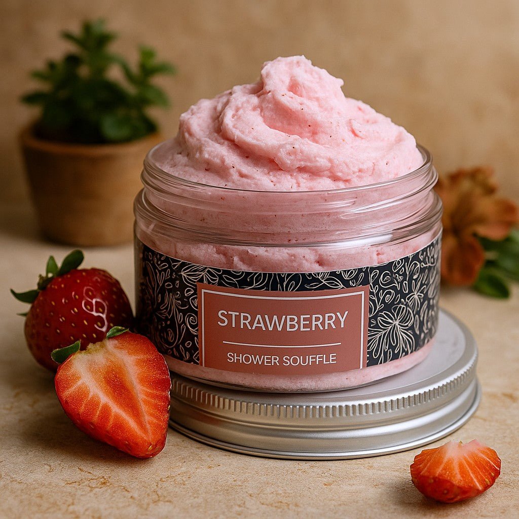 Jar of strawberry shower souffle with strawberries on a beige surface