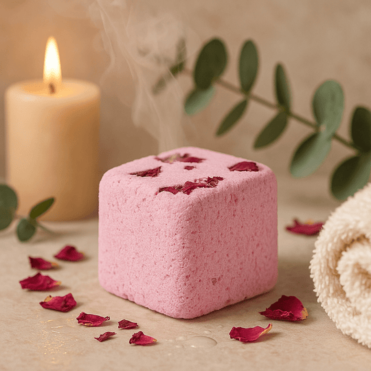 En 80 g SHAMTAM-aromaterapibrusetablet, klar til at frigive damp med æteriske olier i et varmt brusebad