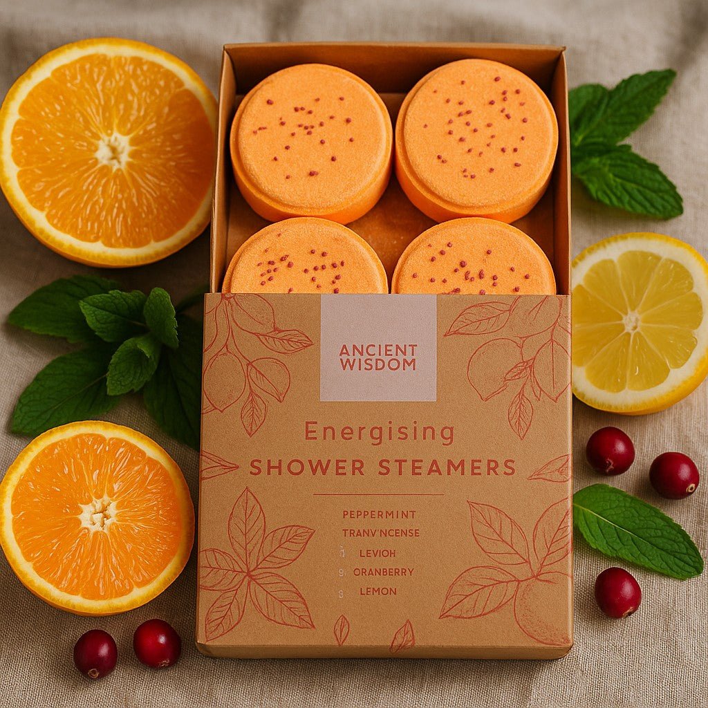 Box of Ancient Wisdom shower steamers with oranges, lemons, and cranberries on a textured surface