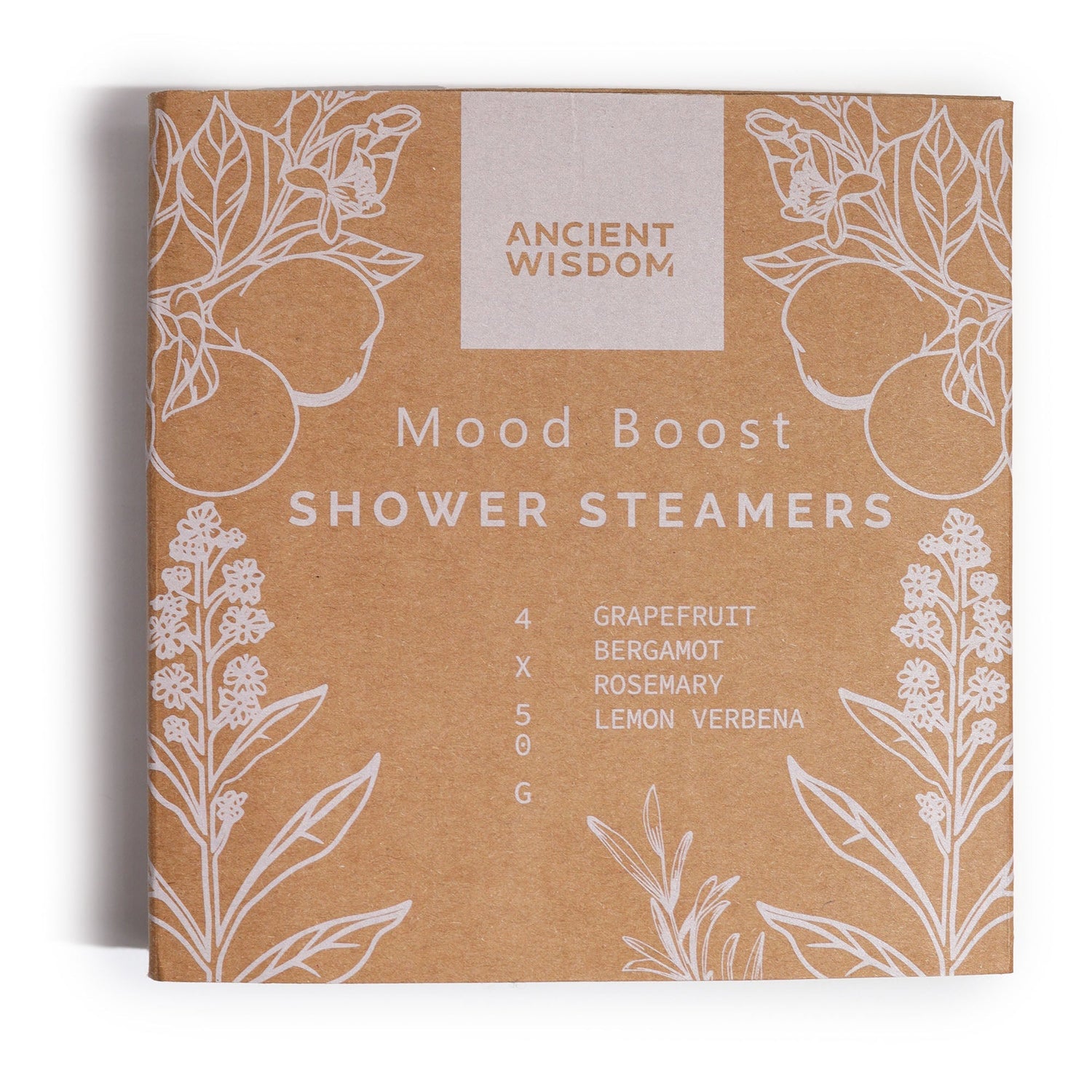 Ancient Wisdom Mood Boost Shower Steamers Gift Set - All - Natural Essential Oils, Vegan & Cruelty - Free, Made in Sheffield, UK - Uplifting Aromatherapy with Grapefruit, Bergamot, Rosemary, Lemon Tea Tree - Set of 4 - SHAMTAM.COM
